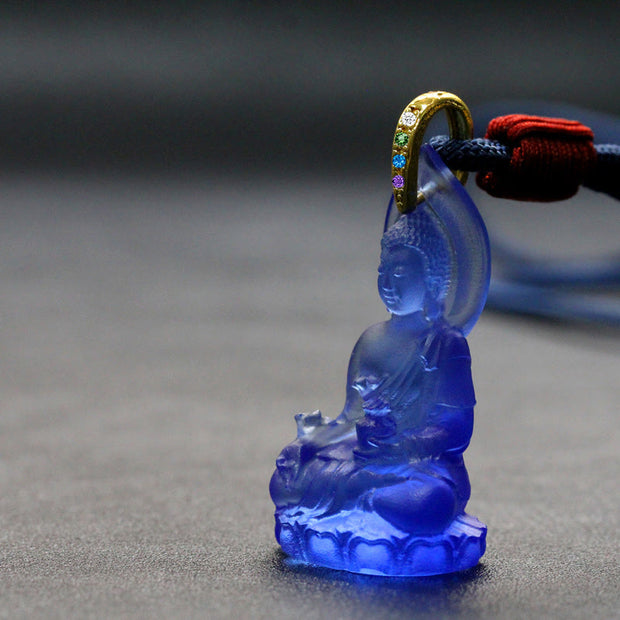 Buddha Stones Blue Tathagata Buddha Medicine Buddha Liuli Crystal Serenity Amulet Necklace Pendant - Dark Blue Medicine Buddha - image 15