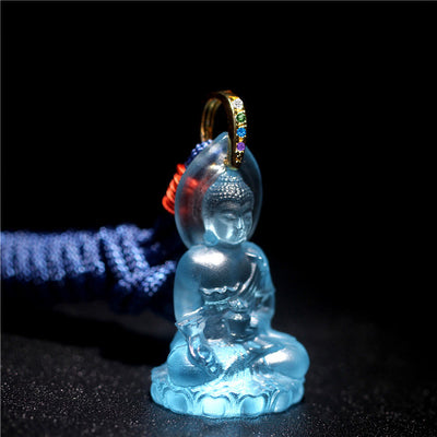 Buddha Stones Blue Tathagata Buddha Medicine Buddha Liuli Crystal Serenity Amulet Necklace Pendant - Light Blue Tathagata Buddha - image 1