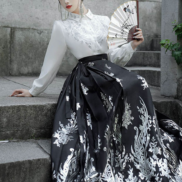 Buddha Stones Flowers Leaves Feathers Long Sleeve Shirt Top Chinese Hanfu Ming Dynasty Horse Face Skirt Mamianqun Skirt (Extra 30% Off | USE CODE: FS30) - image 5