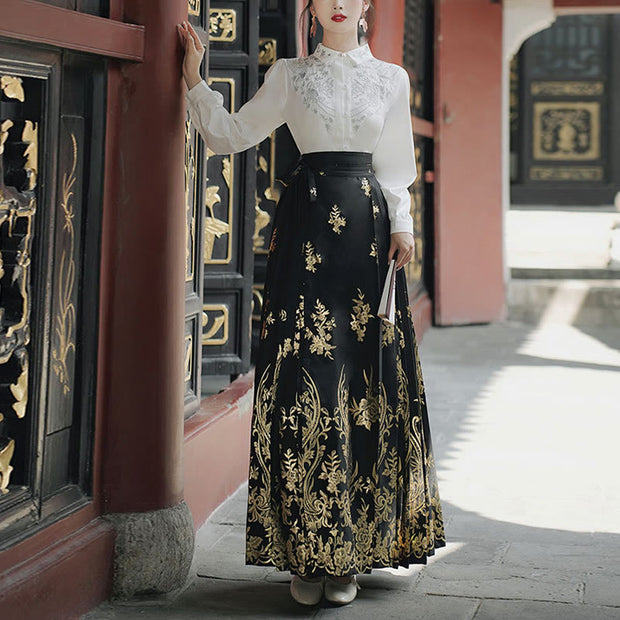 Buddha Stones Flowers Leaves Feathers Long Sleeve Shirt Top Chinese Hanfu Ming Dynasty Horse Face Skirt Mamianqun Skirt