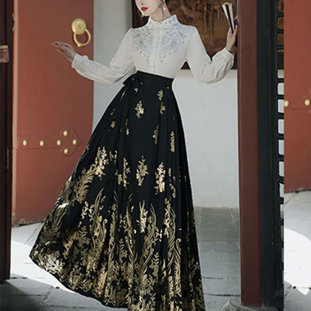 Buddha Stones Flowers Leaves Feathers Long Sleeve Shirt Top Chinese Hanfu Ming Dynasty Horse Face Skirt Mamianqun Skirt