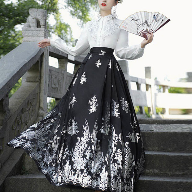 Buddha Stones Flowers Leaves Feathers Long Sleeve Shirt Top Chinese Hanfu Ming Dynasty Horse Face Skirt Mamianqun Skirt (Extra 30% Off | USE CODE: FS30) - Silver Horse Face Skirt(Skirt Only) - XL - image 0