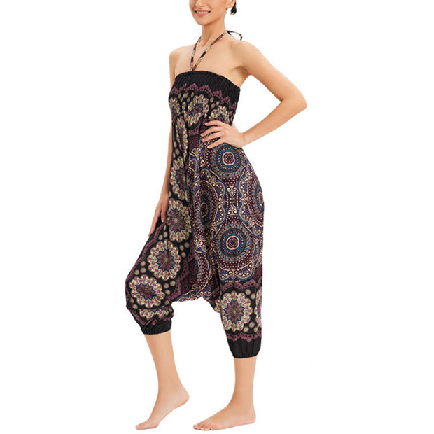 Buddha Stones Two Style Wear Mandala Flower Pattern Loose Smocked Harem Trousers Jumpsuit High Waist Pants