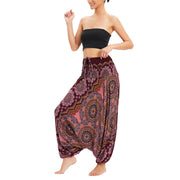 Buddha Stones Two Style Wear Mandala Flower Pattern Loose Smocked Harem Trousers Jumpsuit High Waist Pants