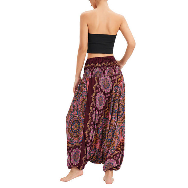 Buddha Stones Two Style Wear Mandala Flower Pattern Loose Smocked Harem Trousers Jumpsuit High Waist Pants