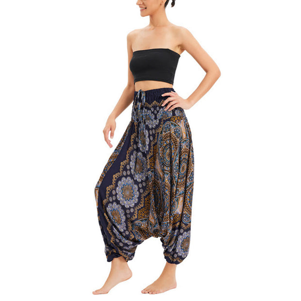 Buddha Stones Two Style Wear Mandala Flower Pattern Loose Smocked Harem Trousers Jumpsuit High Waist Pants