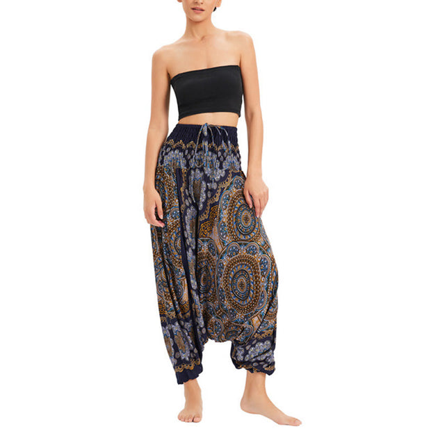 Buddha Stones Two Style Wear Mandala Flower Pattern Loose Smocked Harem Trousers Jumpsuit High Waist Pants