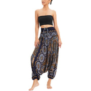 Buddha Stones Two Style Wear Mandala Flower Pattern Loose Smocked Harem Trousers Jumpsuit High Waist Pants