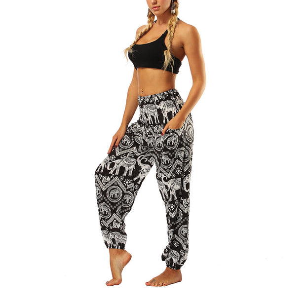 Buddha Stones Boho Loose Geometric Elephant Pattern Harem Trousers Women's Yoga Pants