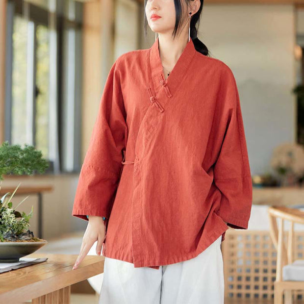 Buddha Stones Frog-Button Hanfu Design Long Sleeve Coat Zen Meditation Open Front Top Jacket