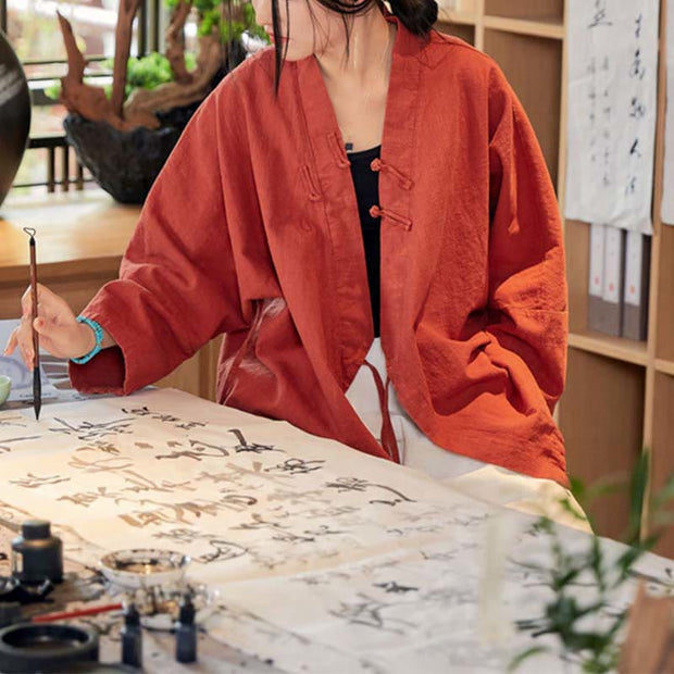 Buddha Stones Frog-Button Hanfu Design Long Sleeve Coat Zen Meditation Open Front Top Jacket