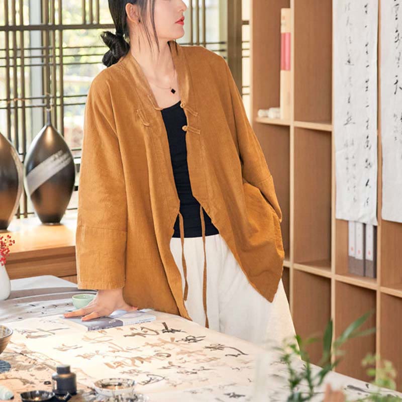 Buddha Stones Frog-Button Hanfu Design Long Sleeve Coat Zen