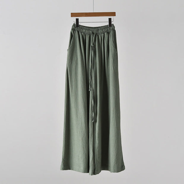 Buddha Stones Loose Cotton Linen Drawstring Wide Leg Pants With Pockets