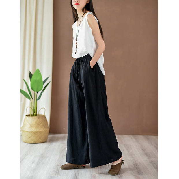 Buddha Stones Loose Cotton Linen Drawstring Wide Leg Pants With Pockets