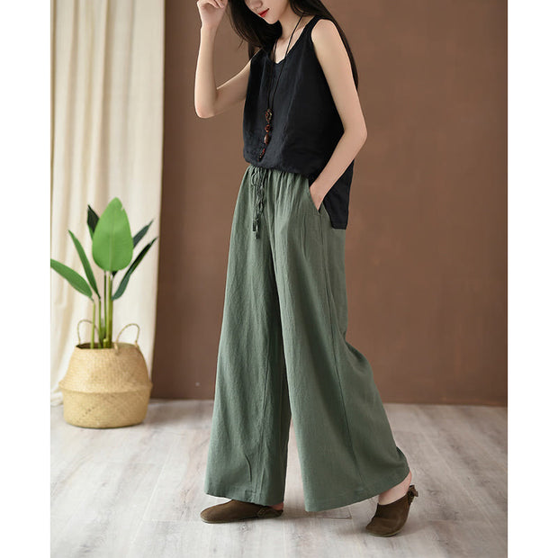 Buddha Stones Loose Cotton Linen Drawstring Wide Leg Pants With Pockets