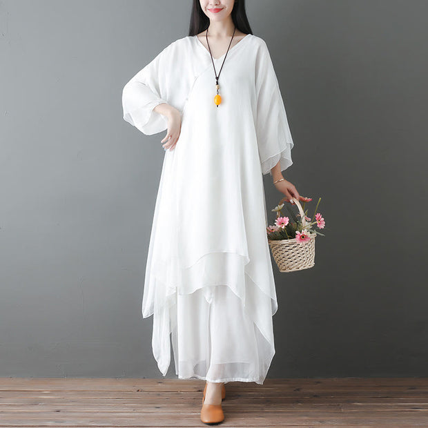 Buddha Stones V-Neck Midi Tunic Dress Wide Leg Pants Meditation Zen Practice Dance Clothing