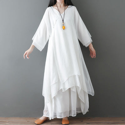 Buddha Stones V-Neck Midi Tunic Dress Wide Leg Pants Meditation Zen Practice Dance Clothing - 2Pcs White(Dress&Pants) - US12，UK/AU16，EU44 (2XL) - image 1