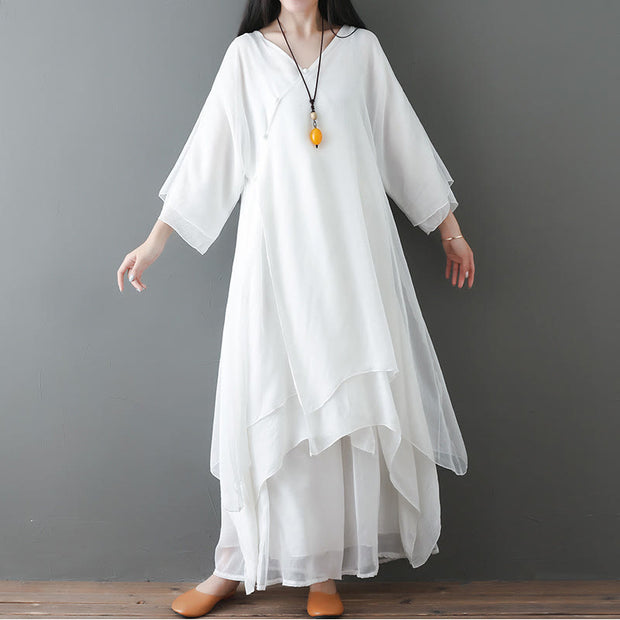 Buddha Stones V-Neck Midi Tunic Dress Wide Leg Pants Meditation Zen Practice Dance Clothing - 2Pcs White(Dress&Pants) - US12，UK/AU16，EU44 (2XL) - image 1