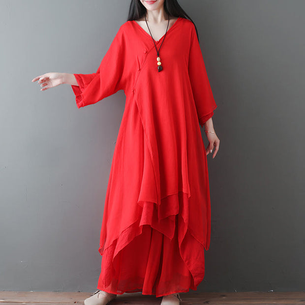 Buddha Stones V-Neck Midi Tunic Dress Wide Leg Pants Meditation Zen Practice Dance Clothing - image 11