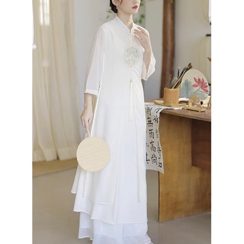 Buddha Stones Embroidery Chiffon Cheongsam Midi Dress Wide