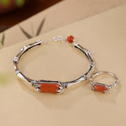 Buddha Stones 925 Sterling Silver Red Agate Bamboo Pattern Calm Bracelet Ring Jewelry Set (Extra 30% Off | USE CODE: FS30) - 2Pcs(Bracelet&Ring Set) - image 0
