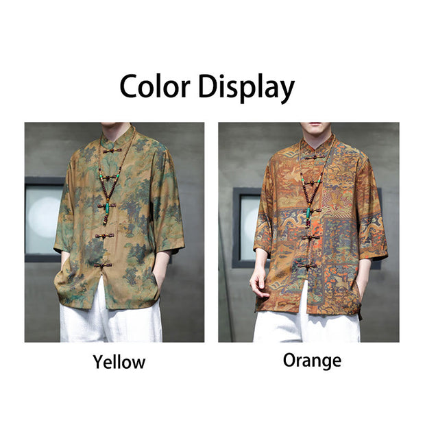 Buddha Stones Landscape Chinese Dragon Pattern Chinese Three Quarter Sleeve Shirt Men T-shirt