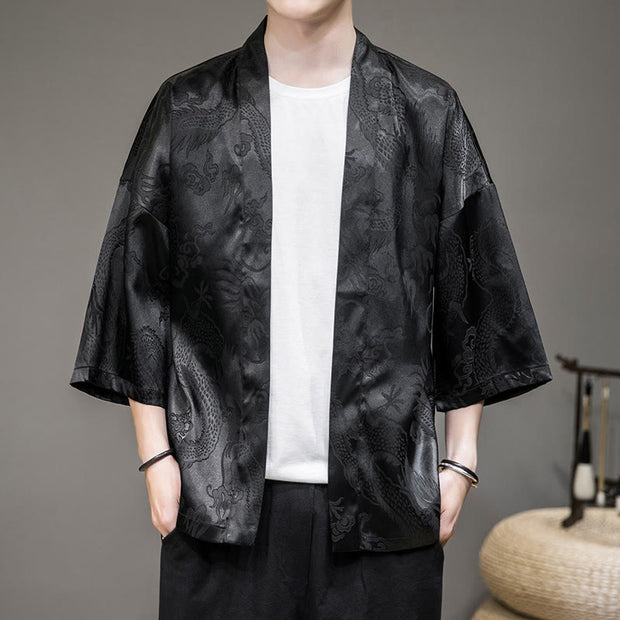 Buddha Stones Chinese Dragon Open Front Jacket Men's Kimono