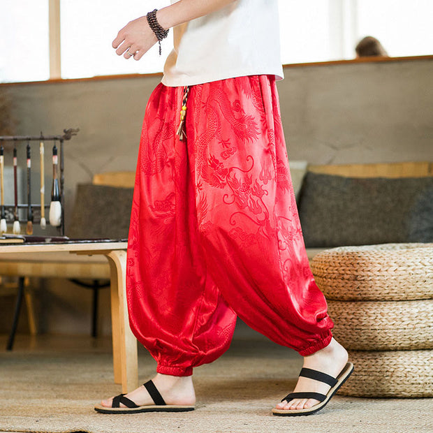 Buddha Stones Dragon Pattern Loose Men's Harem Pants With Pockets