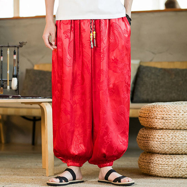 Buddha Stones Dragon Pattern Loose Men's Harem Pants With Pockets