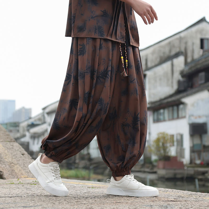 Buddha Stones Bamboo Leaves Pattern Loose Men's Harem Pants With