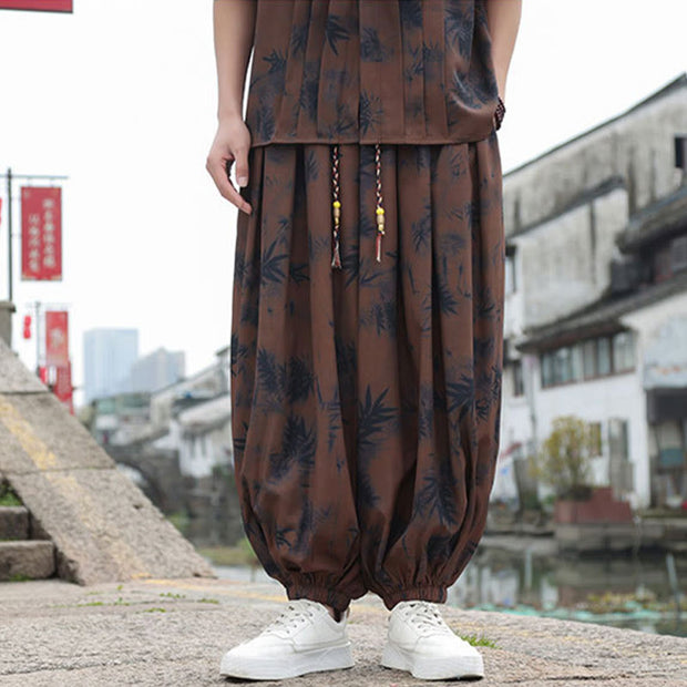 Buddha Stones Bamboo Leaves Pattern Loose Men's Harem Pants With Pockets