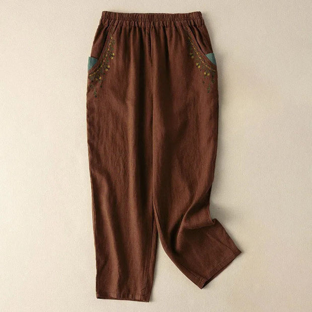 Buddha Stones Vintage Embroidery Elastic Waist Harem Pants With Pockets