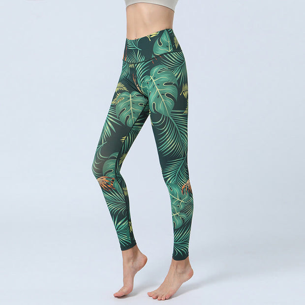 Buddha Stones Leaves Print Sports Fitness Yoga High Waist Leggings Women's Yoga Pants