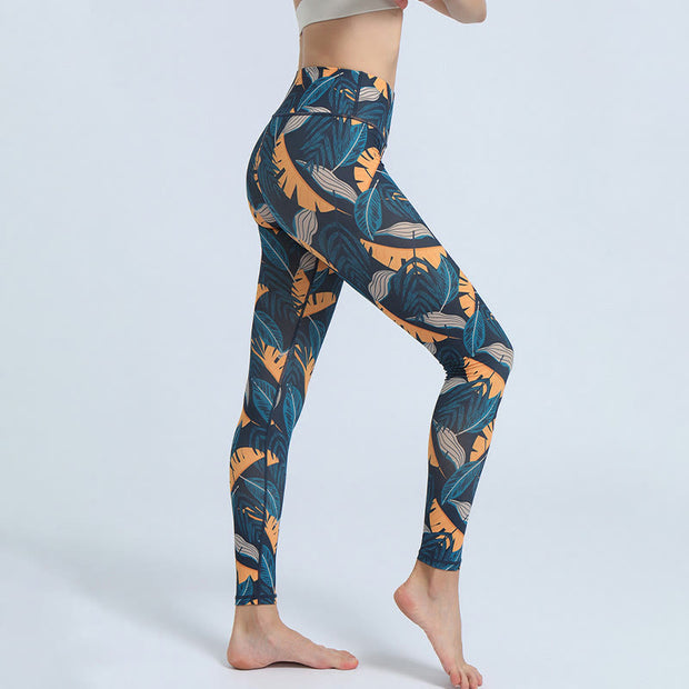 Buddha Stones Leaves Print Sports Fitness Yoga High Waist Leggings Women's Yoga Pants