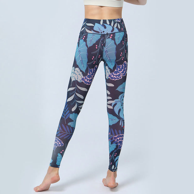 Buddha Stones Leaves Print Sports Fitness Yoga High Waist Leggings Women's Yoga Pants