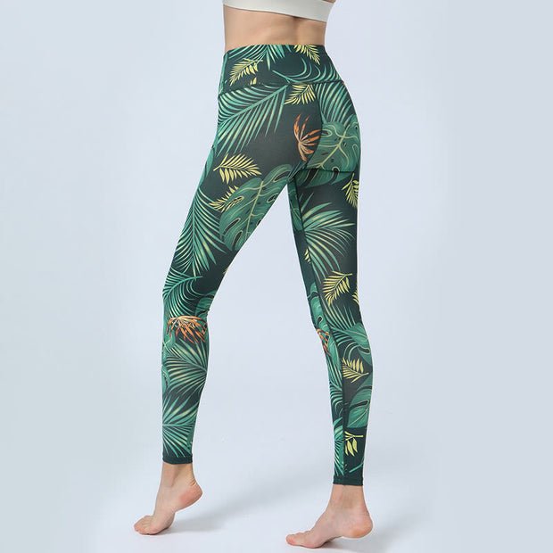 Buddha Stones Leaves Print Sports Fitness Yoga High Waist Leggings Women's Yoga Pants