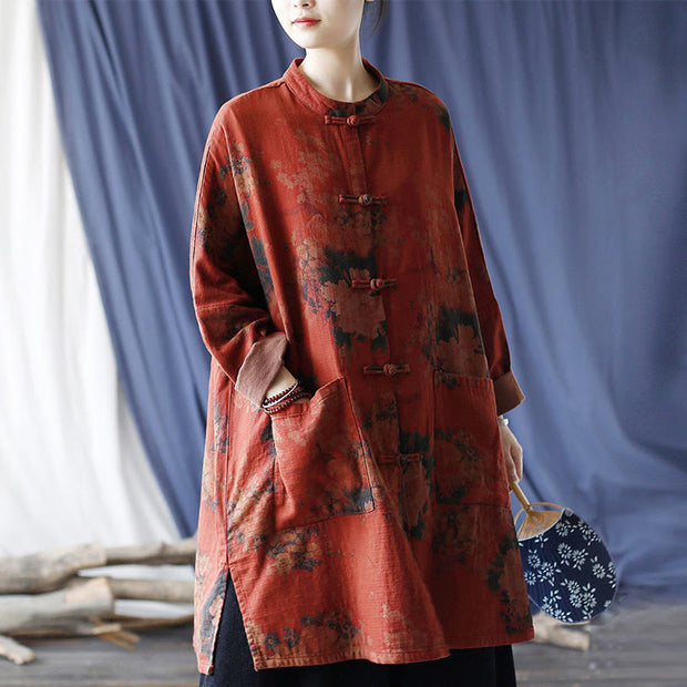 Buddha Stones Orange Peony Flower Cotton Linen Frog-Button Open Front Jacket With Pockets