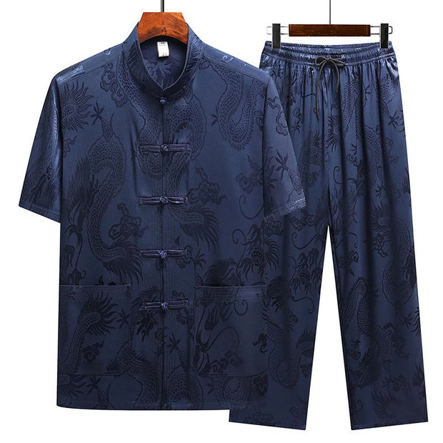 Buddha Stones Dragon Pattern Tang Suit Hanfu Traditional Uniform Short Sleeve Top Pants Clothing Men's Set