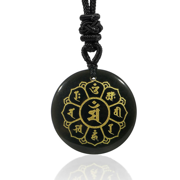 Buddha Stones Om Mani Padme Hum Natural Various Crystal Black Obsidian Strength Necklace Pendant