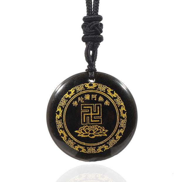 Buddha Stones Swastika Lotus Pattern Natural Various Crystal Black Obsidian Purification Necklace Pendant