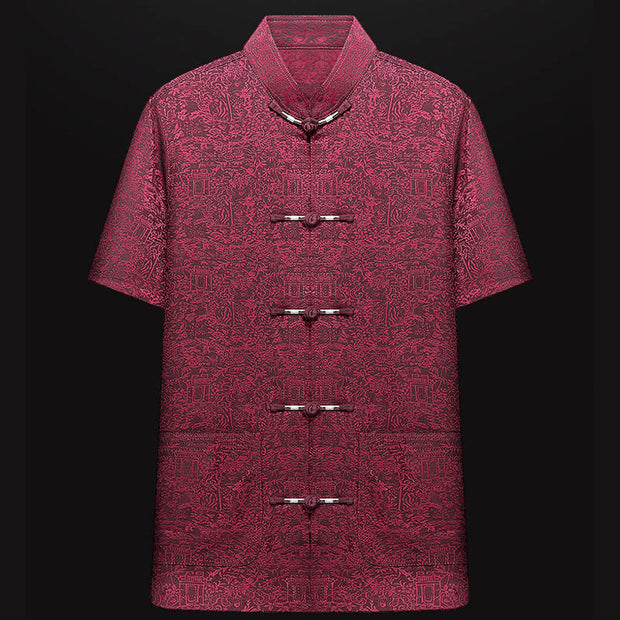 Buddha Stones Along the River During the Qingming Festival Pattern Traditional Tang Suit Short Sleeve Shirt Pants Clothing Men's Set