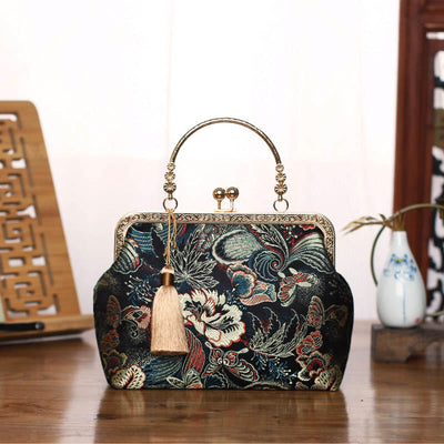 Buddha Stones Vintage Flower Butterfly Crane Sea Waves Metal Chain Crossbody Bag Shoulder Bag Handbag (Extra 30% Off | USE CODE: FS30) - Black Flower Butterfly 22*18*8cm - image 0