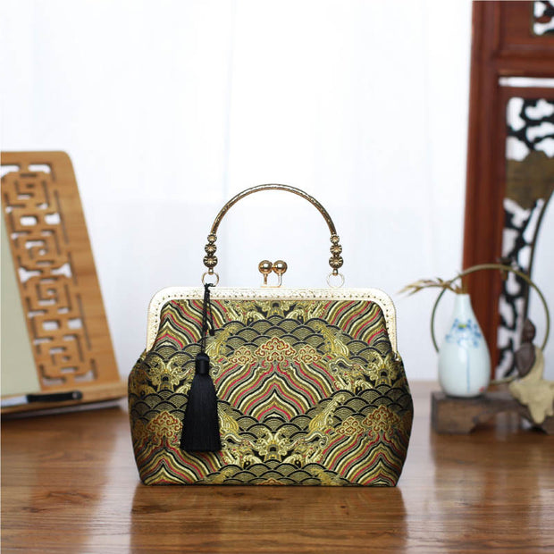 Buddha Stones Vintage Flower Butterfly Crane Sea Waves Metal Chain Crossbody Bag Shoulder Bag Handbag (Extra 30% Off | USE CODE: FS30) - Yellow Green River Sea Waves 22*18*8cm - image 10