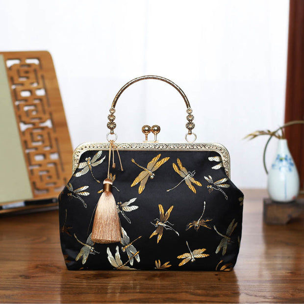 Buddha Stones Vintage Flower Butterfly Crane Sea Waves Metal Chain Crossbody Bag Shoulder Bag Handbag (Extra 30% Off | USE CODE: FS30) - Black Golden Dragonfly 22*18*8cm - image 11