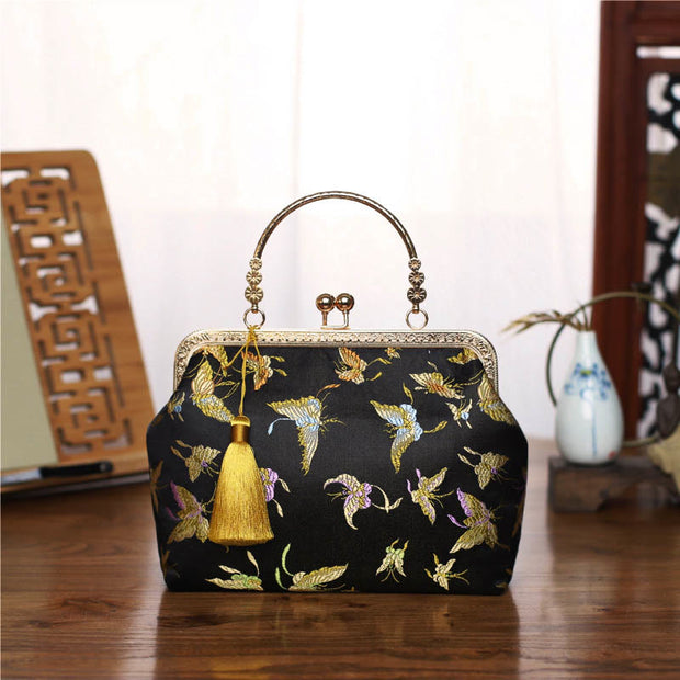 Buddha Stones Vintage Flower Butterfly Crane Sea Waves Metal Chain Crossbody Bag Shoulder Bag Handbag (Extra 30% Off | USE CODE: FS30) - Black Butterfly 22*18*8cm - image 12