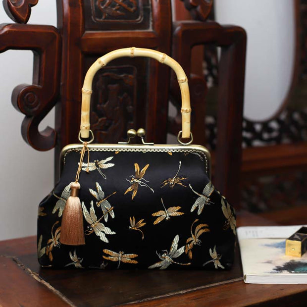 Buddha Stones Dragonfly Crane Bamboo Leaves Plum Blossom Bamboo Handles Handbag (Extra 30% Off | USE CODE: FS30) - Dragonfly 22.5*17*8.5cm - image 0