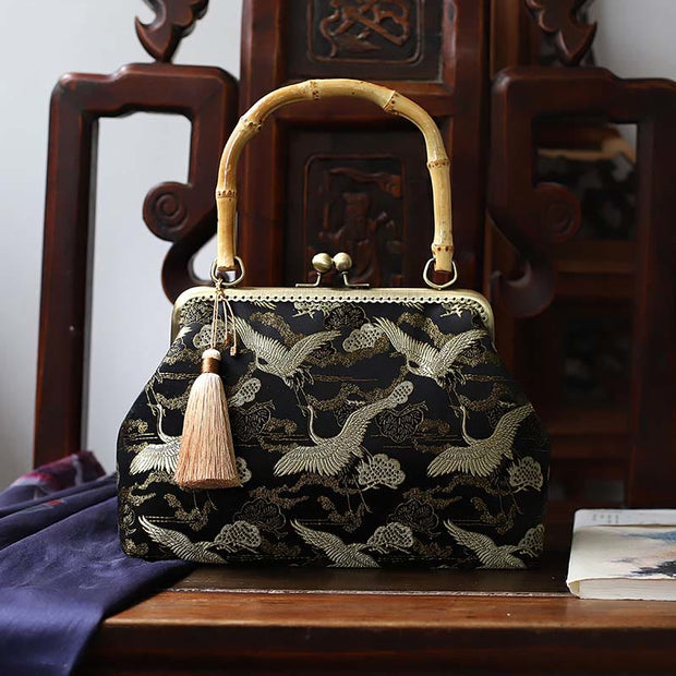 Buddha Stones Dragonfly Crane Bamboo Leaves Plum Blossom Bamboo Handles Handbag (Extra 30% Off | USE CODE: FS30) - Crane 22.5*17*8.5cm - image 10