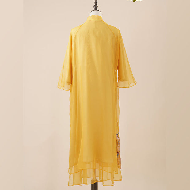 Buddha Stones 100% Mulberry Silk Organza Dress Embroidered Yellow Phoenix Qipao Cheongsam Dress  (Extra 30% Off | USE CODE: FS30) - image 7