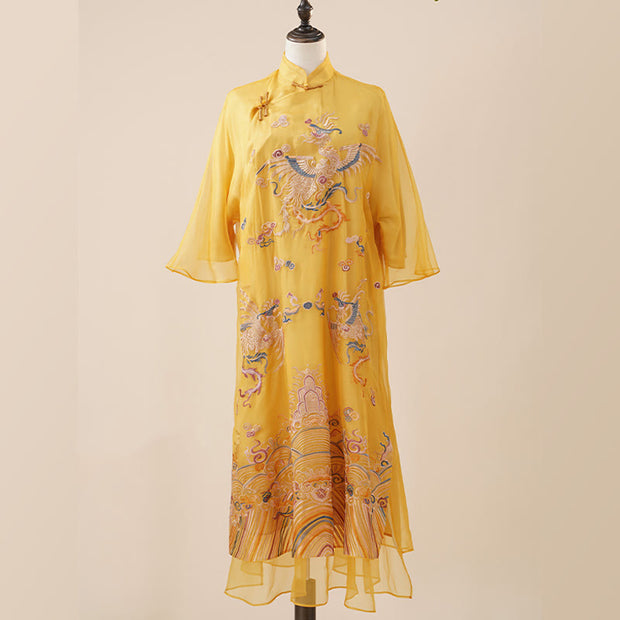 Buddha Stones 100% Mulberry Silk Organza Dress Embroidered Yellow Phoenix Qipao Cheongsam Dress  (Extra 30% Off | USE CODE: FS30) - image 6