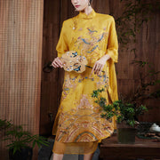 Buddha Stones 100% Mulberry Silk Organza Dress Embroidered Yellow Phoenix Qipao Cheongsam Dress  (Extra 30% Off | USE CODE: FS30) - image 1